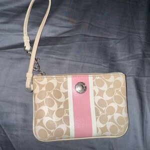 Coach Signature Beige and Pink Wristlet